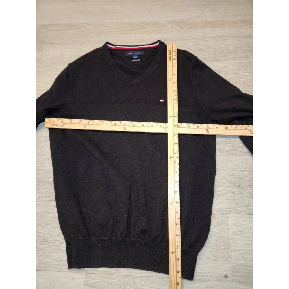 Tommy Hilfiger Mens Black Premium Cotton V-Neck Sweater M Flag‎ Logo Pullover